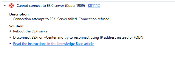 Cannot Connect to ESXi Server code 1909 Knowledge Base